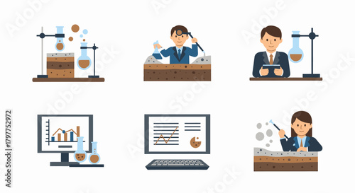 Six illustrations depicting soil analysis, including experiments, data analysis, and a scientist using tools.