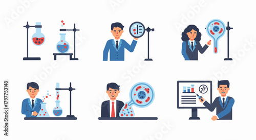 Scientists and lab equipment engaged in scientific research and analysis, presenting data.