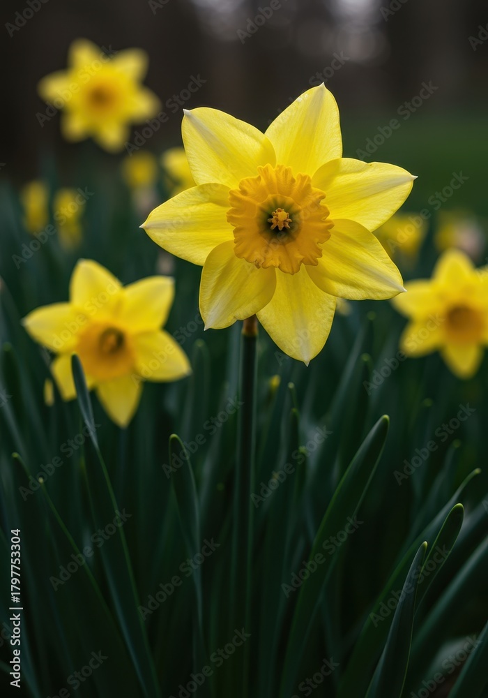Obraz premium Vibrant yellow daffodils blooming in a sunny field, symbolizing the arrival of spring and new life, captured in detailed macro view ,flora ,meadow ,beauty