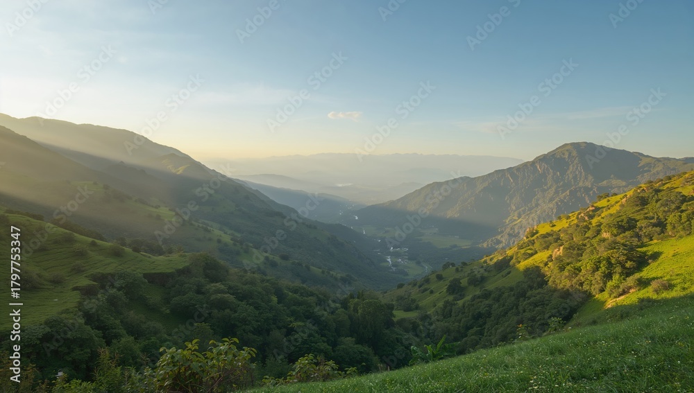 Obraz premium Lush mountains illuminated by sunlight, showcasing seasonal change