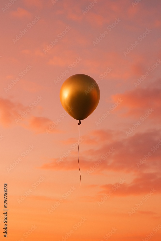 Fototapeta premium Gold balloon floating in pink and orange sunset sky