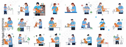 A large collection of flat vector illustrations depicting veterinarians providing comprehensive medical care, vaccination, and examination services for domestic cats in a clinical setting.