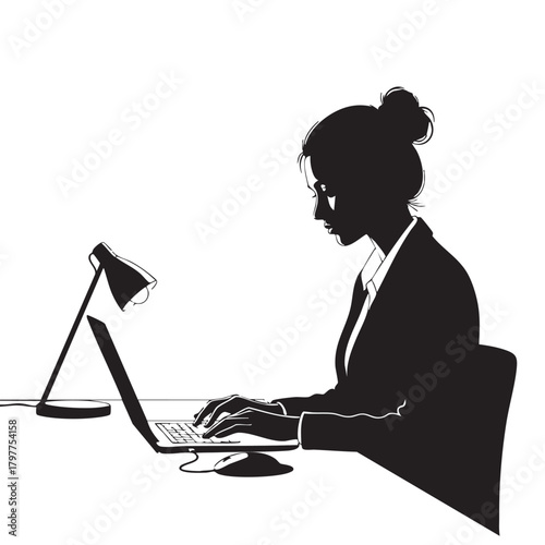 Businesswoman Working Laptop Computer Professional Female Executive Typing Keyboard Illuminated Desk
