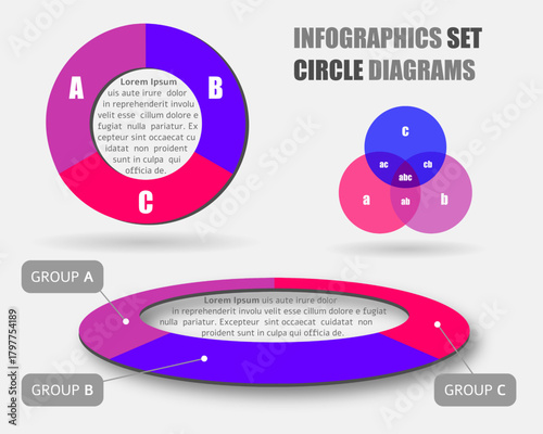 Vector infographics set of coloured circle diagrams and venn diagram