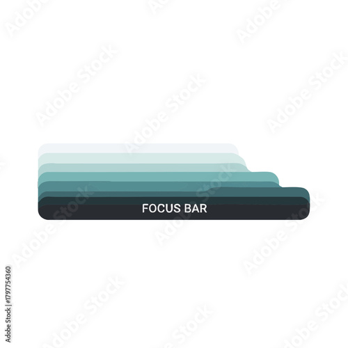 Futuristic minimalist flat vector focus bar with layered horizontal sections representing increasing mental clarity and sustained concentration, designed in clean geometric style on a white background