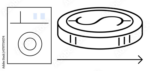 Washing machine icon with detergent tablet and arrow symbolizing cleaning, efficiency, and process flow. Ideal for cleaning, laundry, automation, eco-friendly living, household tasks, minimalism