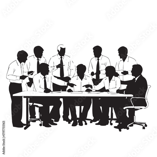 Business Professionals Silhouette Working Together at Conference Table Group Meeting Collaborative Office Environment Vector Art
