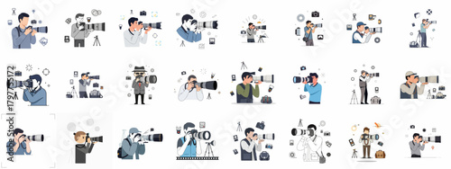 Vector illustration set of photographers using professional DSLR cameras with telephoto lenses and surrounded by essential photographic equipment and accessories.