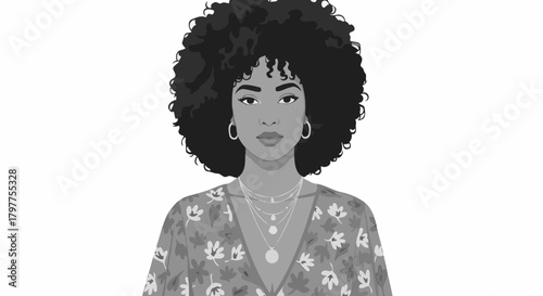 Monochrome vector portrait of a stylish young woman with voluminous afro hair, wearing layered necklaces and floral top. Modern, confident, and chic aesthetic for fashion, beauty.