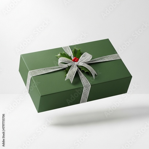 Elegant Green Holiday Gift Box with Holly and Silver Ribbon Floating