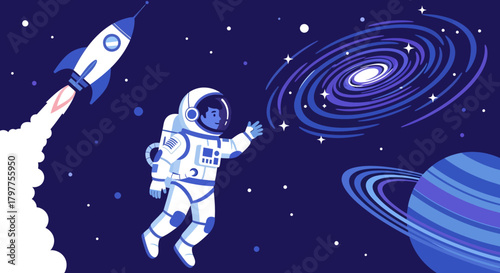 An astronaut in a spacesuit reaching towards a galaxy with a rocket ship and planet in the background.