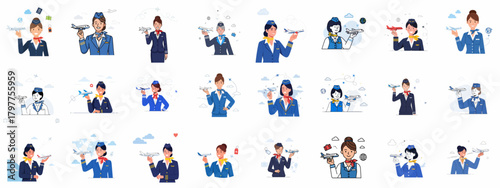 Aviation Staff Vector Icon Set: Collection of Smiling Female Flight Attendants and Pilots Holding Model Airplanes, Symbolizing Global Travel Careers.