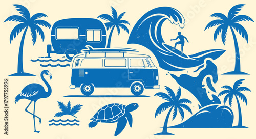 Blue summer vacation icons: camper, van, wave, palm trees, flamingo, turtle.