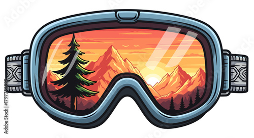 Colorful winter sport goggles reflecting a scenic mountain range and forest at sunset.