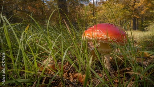 Red fly agaric mushroom thriving in the woodland, seasonal change