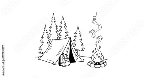 A black and white illustration of a campsite with a tent, backpack, and a campfire with smoke rising.