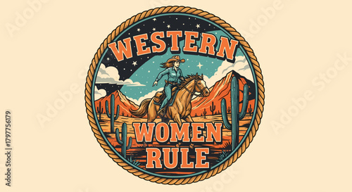 Vintage western cowgirl riding a horse in a desert landscape with mountains and cacti under a starry night sky, with 'Western Women Rule' text.