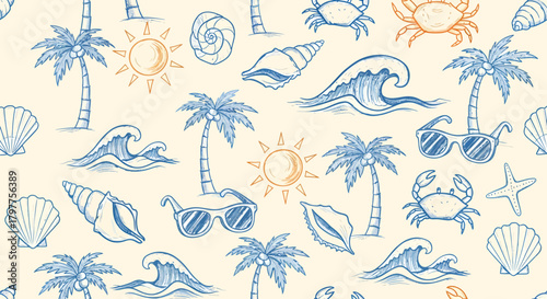 Seamless pattern with summer beach elements: palm trees, waves, shells, sun, crabs, and sunglasses.