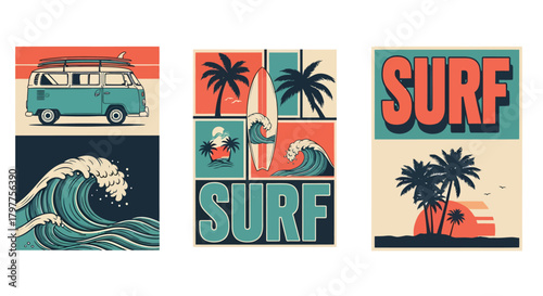 A collection of three retro-style surfing posters featuring camper vans, waves, and palm trees.