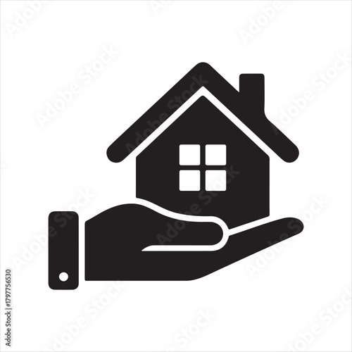 Black silhouette icon of a hand holding a house symbolizing homeownership and property protection