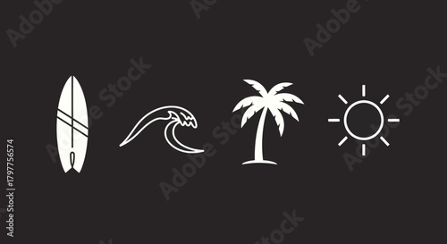 Minimalist icons of a surfboard, wave, palm tree, and sun on a dark background.