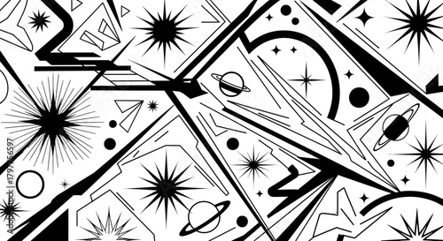Chaotic black and white abstract space pattern with stars and geometric shapes.