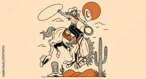 Cowgirl riding a horse and throwing a lasso in a desert landscape illustration.