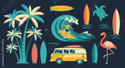 A collection of vintage illustrations featuring surfing and tropical summer vacation elements like a camper van, palm trees, and a flamingo.