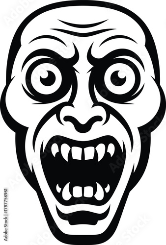 Scary Zombie Or Vampire Face Screaming With Fangs Vector Illustration Isolated On Transparent Background. 
