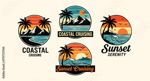 Collection of four circular vintage-style emblems featuring tropical beach sunsets with palm trees, mountains, and ocean waves.