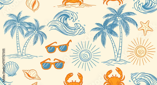 Summer themed pattern with palm trees, waves, sun, and sea creatures.