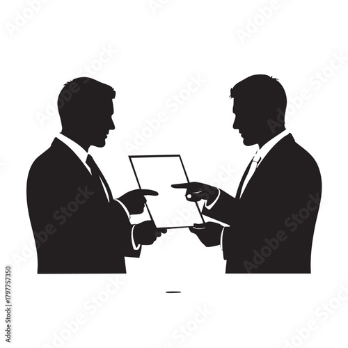 Businessmen Exchanging Document Silhouette Vector Illustration Black and White Professional Agreement Concept