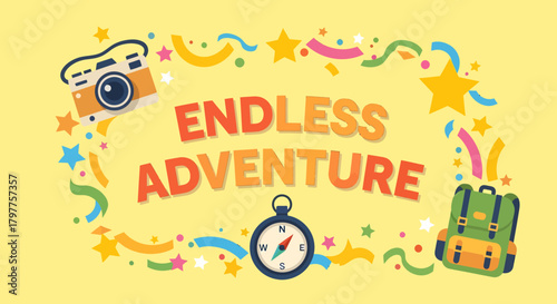 Colorful 'Endless Adventure' banner with travel icons like a camera, compass, and backpack.