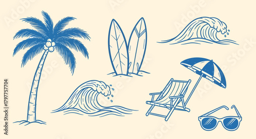 Illustration of beach elements including palm tree, surfboards, waves, chair, umbrella, and sunglasses.