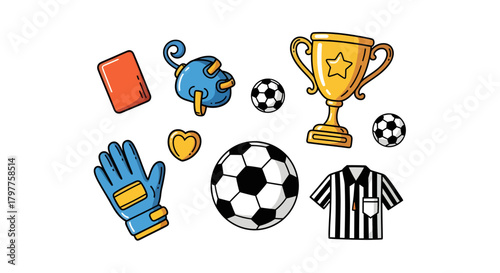 A collection of colorful cartoon soccer elements including a ball, trophy, referee shirt, and goalkeeper glove.