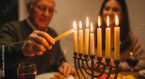 Senior man lighting hanukkah candles with his family at home during celebration