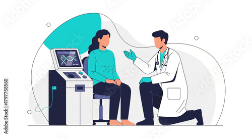 Medical consultation with a doctor explaining DNA results to a seated patient using modern