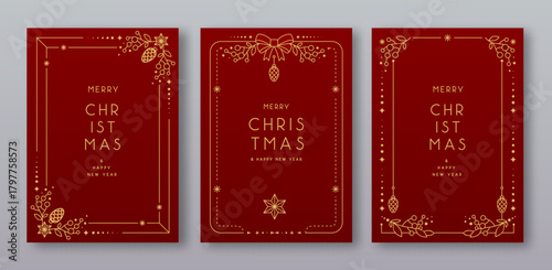 Set of modern Christmas frames or holiday greeting cards on red background. Line art vector illustration