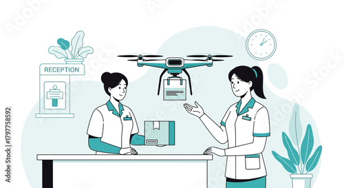 Medical drone delivery services concept showing healthcare professional receiving package at