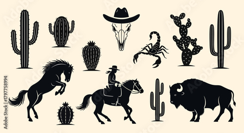 A collection of black silhouettes featuring iconic American West elements like cacti, a bison, and a cowboy.