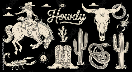 Vintage Western themed illustrations with cowgirl, horse, bull skull, cacti, boots, snake, and scorpions on black background.
