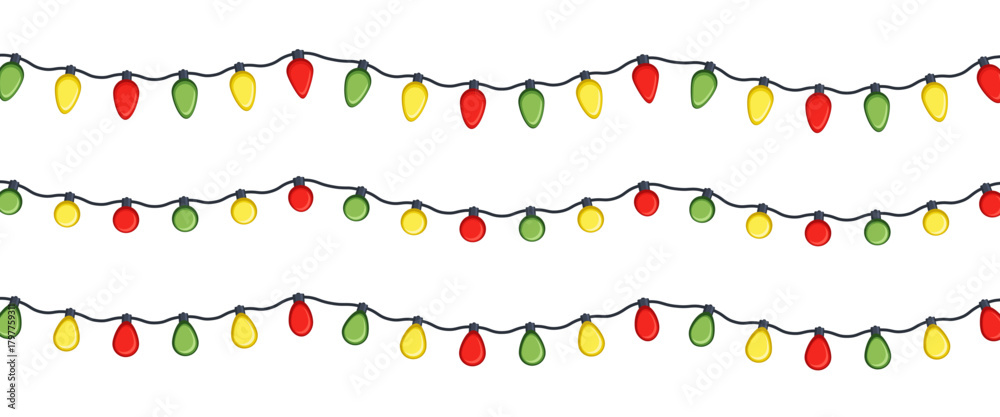 Fototapeta premium Horizontal Christmas Light Garlands Seamless Vector Border Set