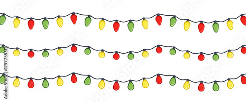 Horizontal Christmas Light Garlands Seamless Vector Border Set