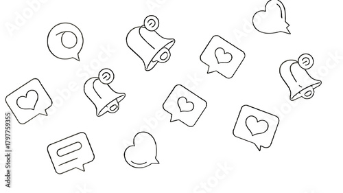 Various heart icons, speech bubbles, and notifications in simple, modern style.