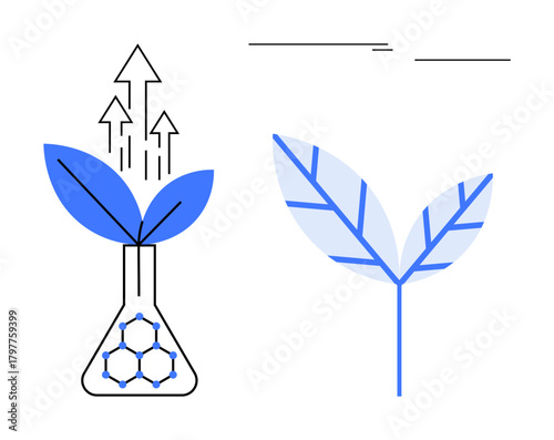 Laboratory flask with plant leaves, molecular pattern, and upwards arrows. Ideal for sustainability, growth, innovation, biotechnology, eco-friendly processes future trends renewable energy. Simple