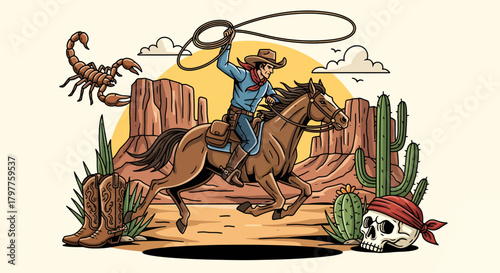 A cowboy on horseback in the desert, lassoing a scorpion, with cacti and a skull nearby.