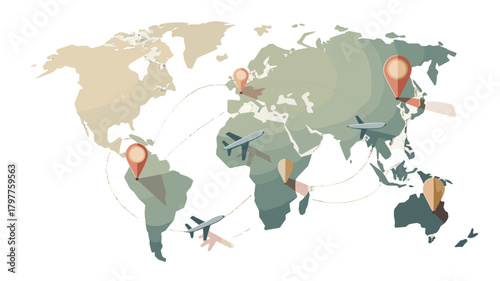 Global travel and exploration concept with airplane and location pins.