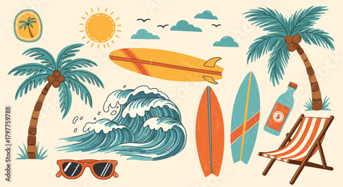 A vibrant summer beach scene with palm trees, surfboards, waves, and a beach chair, evoking a vacation mood.