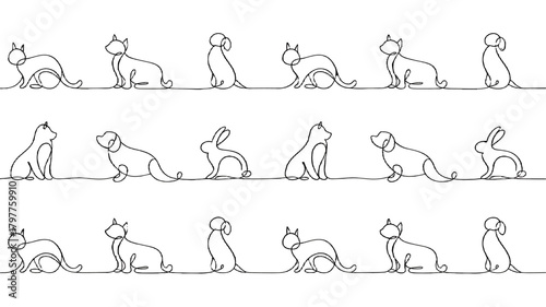 A collection of line art drawings featuring various animals.