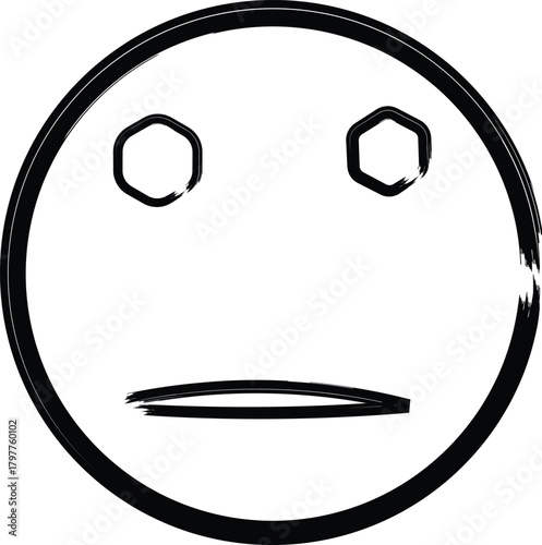 Simple hand drawn smiley face with a blank expression and hexagon eyes